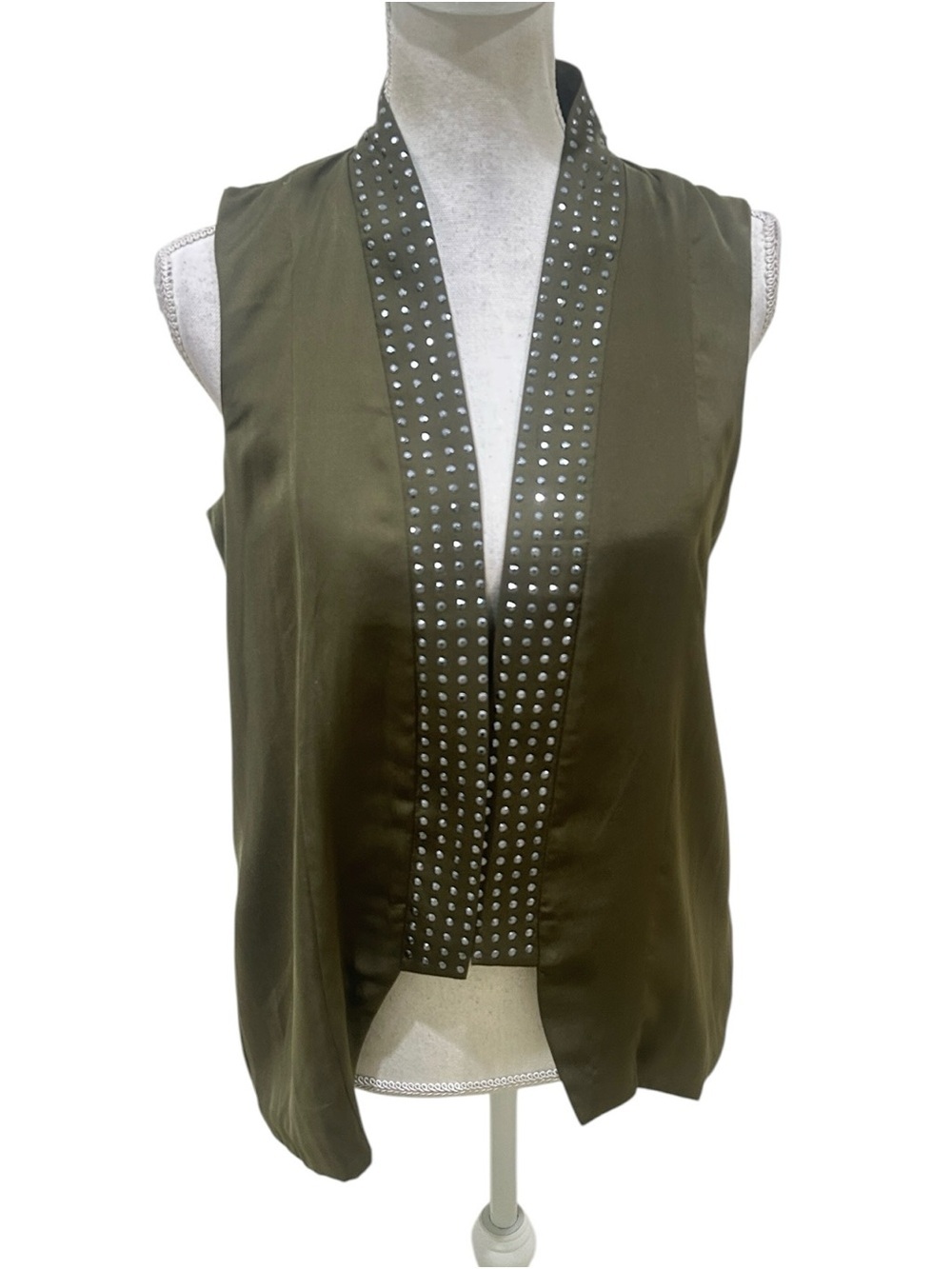 Luna Olive Green Sleeveless Stud-Trim Vest lightweight polyester size medium